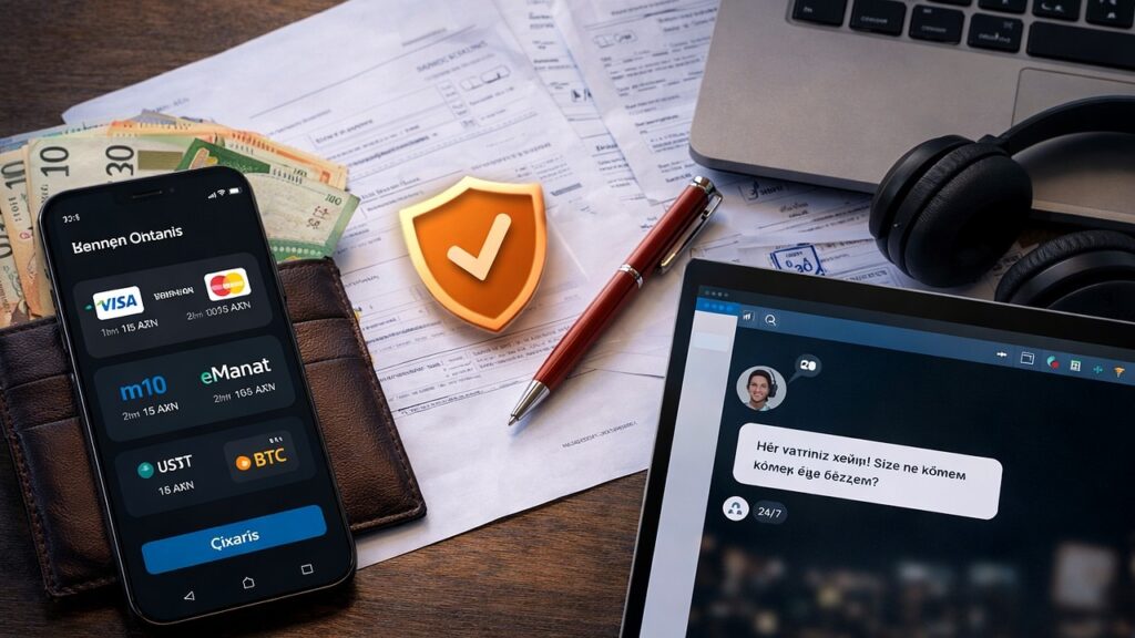 Pinco erişim sorunları, destek, güvenlik ve doğrulama süreçlerini anlatan masaüstü sahne, telefon, belgeler ve canlı yardım ekranı