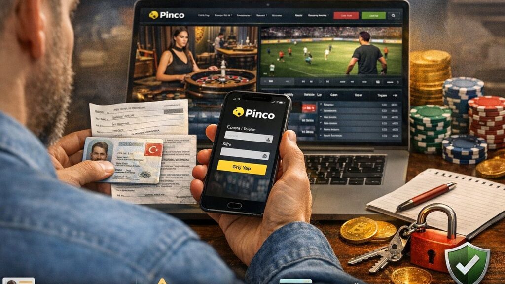 Pinco giriş ve hesap yönetimi için telefon ve laptop üzerinden giriş yapan kullanıcı, hesap kontrolü ve güvenli erişim sahnesi